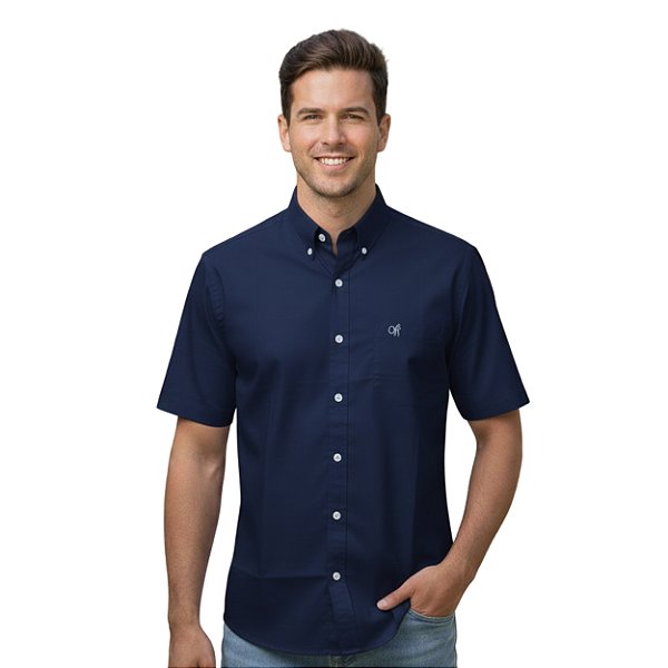 Camisa Manga Curta Okan Western Azul Marinho Acetinado