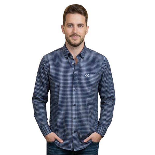 Camisa Manga Longa Okan Western Xadrez Azul/Branco