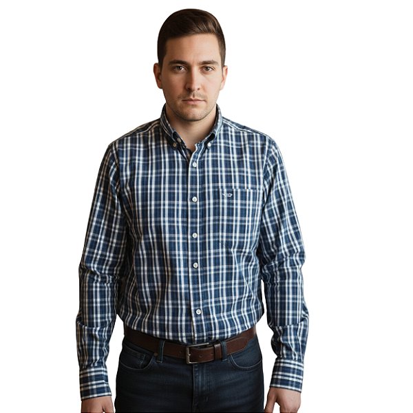 Camisa Manga Longa Bull Roper Xadrez Azul