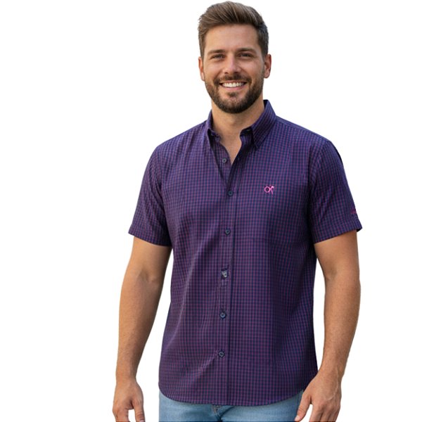 Camisa Manga Curta Okan Western Xadrez Azul Marinho/Vermelho