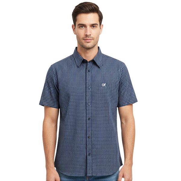 Camisa Manga Curta Okan Western Xadrez Azul/Branco
