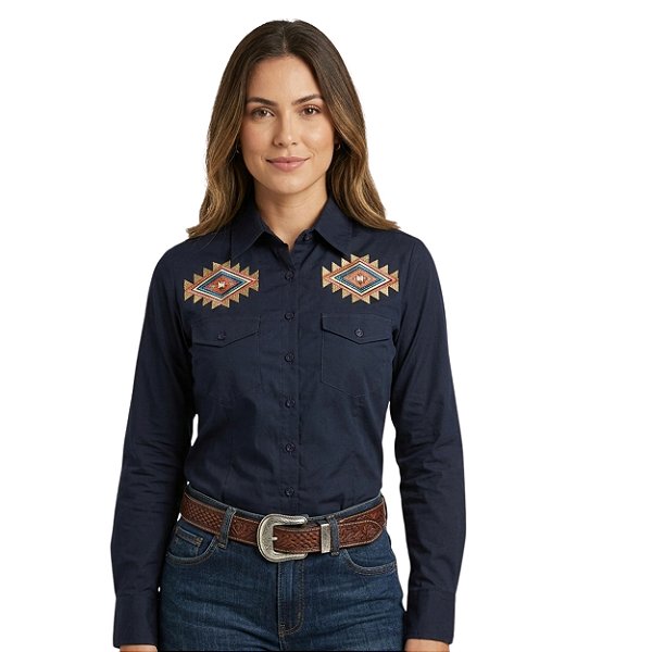 Camisa Bordada Manga Longa Apache Azul Marinho