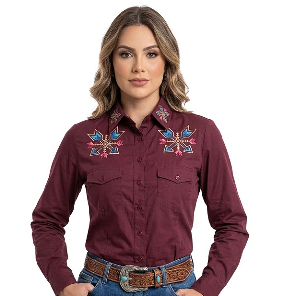Camisa Bordada Manga Longa Apache Bordô