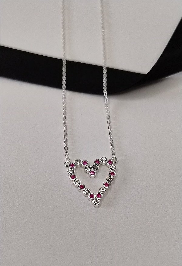Colar coração rosa pink e cristal Prata 925