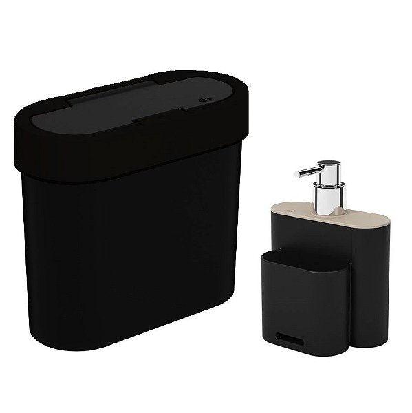 Kit Lixeira 2,8 Litros Cesto De Lixo Dispenser Porta Detergente Esponja Pia Cozinha Flat - Coza