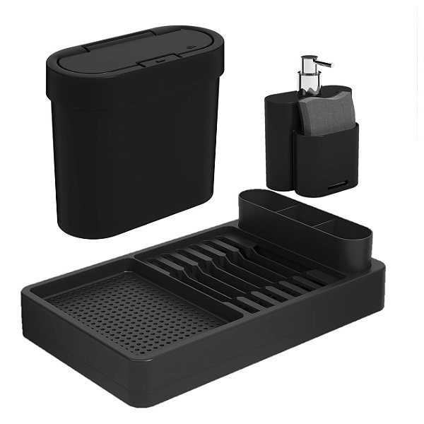 Kit Lixeira 2,8L Escorredor Louças Dispenser Porta Detergente Pia Cozinha Flat - Coza - Preto
