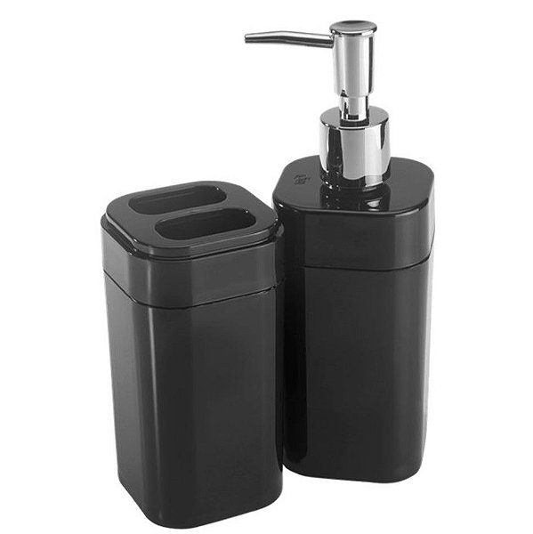 Conjunto Portas Escovas Dispenser Sabonete Líquido Banheiro Splash - 99096 Coza - Preto