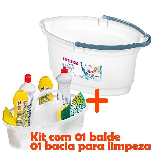 kit Balde 14l Oval Limpeza Rodo + Balaio Cesto Lavanderia Plástico - Sanremo