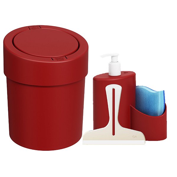 Kit Lixeira Click 5L Dispenser Detergente  Rodinho Abraço Pia Cozinha Vermelho - Coza