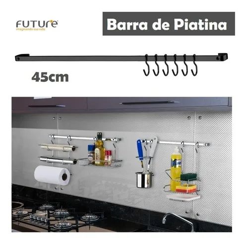 Barra Piatina 45cm Com 6 Ganchos Utensílios Cozinha Onix Preto - 2411ox Future