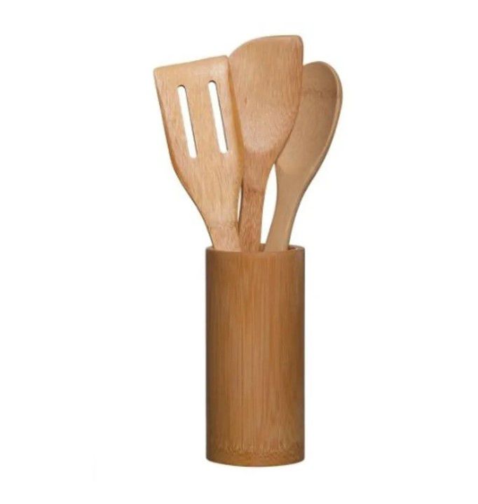 Conjunto 4pçs Espátulas Colheres Com Porta Utensílios Bambu Cozinha - Yoi