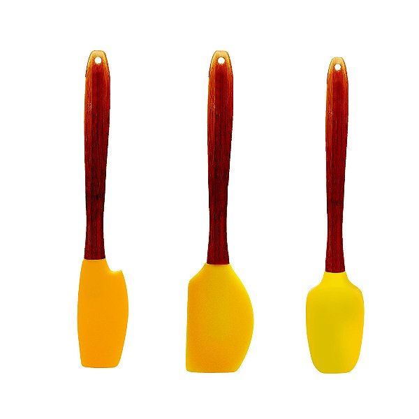 Jogo 3 Espátulas Silicone Bambu Confeitar Bolo Colher Utensílios Cozinha Full - Yoi - Amarelo