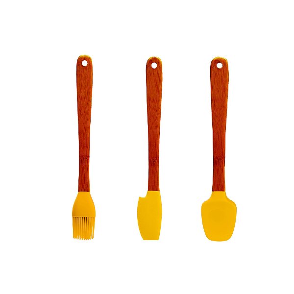 Jogo 3 Espátulas Mini Bambu Silicone Utensílios Confeitar Pincel Colher Cozinha - Yoi - Amarelo