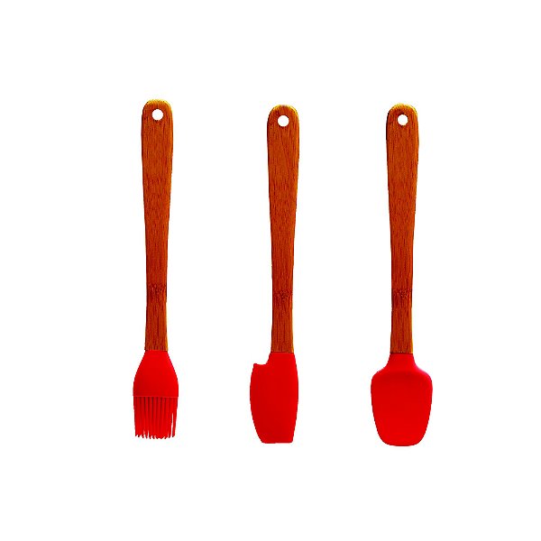 Jogo 3 Espátulas Mini Bambu Silicone Utensílios Confeitar Pincel Colher Cozinha - Yoi - Vermelho