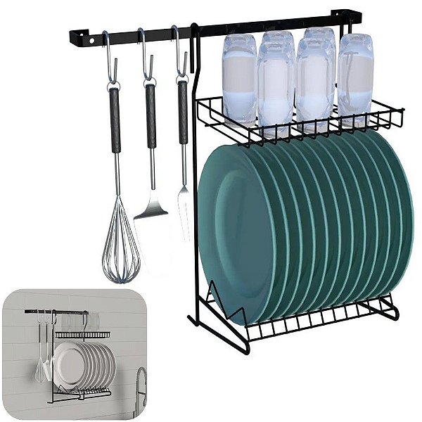 Kit Cozinha Suspensa 5 Peças Escorredor Gancho Barra Parede Elegance Preto - KIT 01 Dicarlo