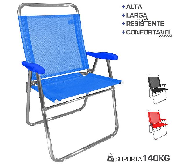 Cadeira De Praia King Oversize Alumínio Até 140Kg Camping - Zaka - Azul