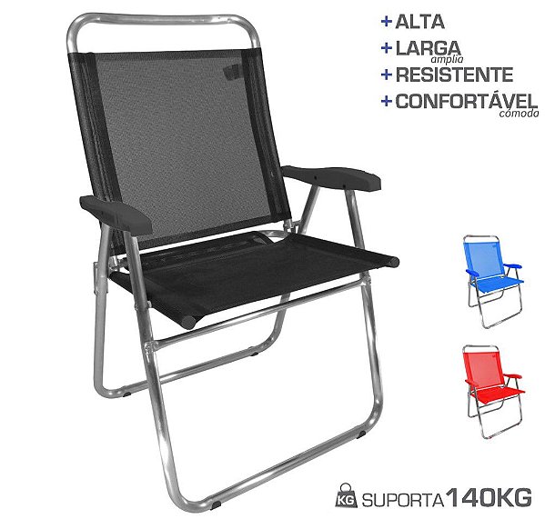 Cadeira De Praia King Oversize Alumínio Até 140Kg Camping - Zaka - Preto