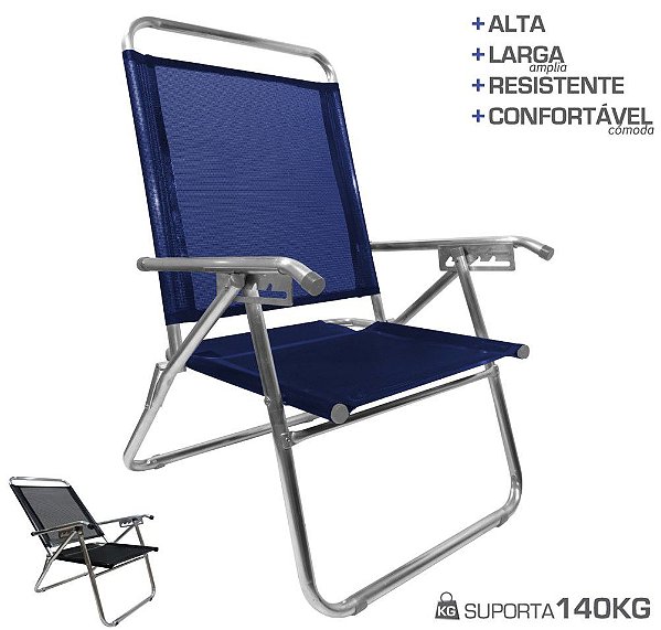 Cadeira De Praia King Oversize Reclinável 4 pos  Alumínio Até 140Kg Camping - Zaka - Azul Marinho
