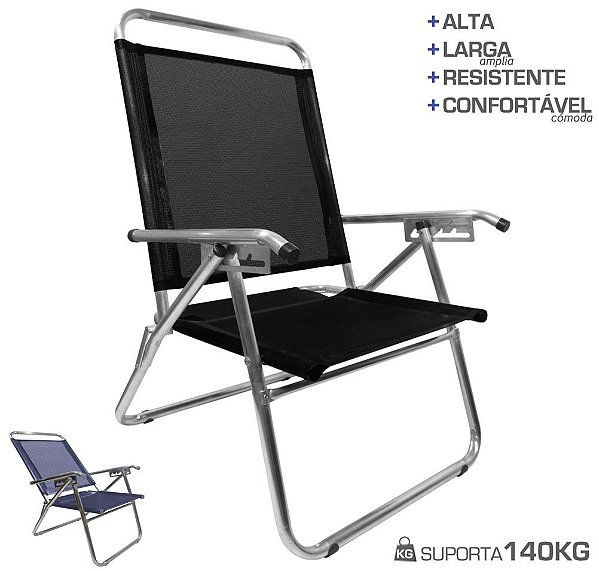 Cadeira De Praia King Oversize Reclinável 4 pos  Alumínio Até 140Kg Camping - Zaka - Preto