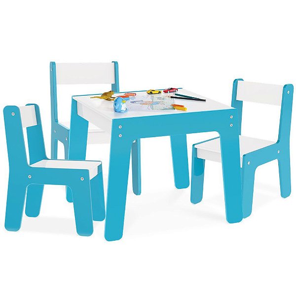 Kit Mesa Mesinha + 3 Cadeira Cadeirinha Infantil Mdf - Junges - Azul