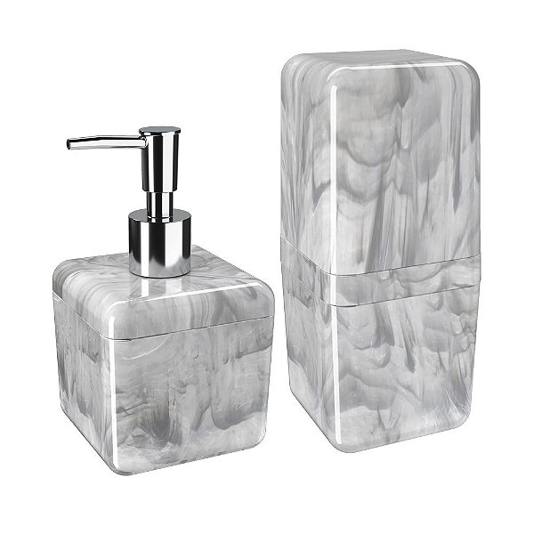 Kit Dispenser Sabonete Líquido 330ML + Porta Escova De Dente C/ Tampa Pia Banheiro - Coza
