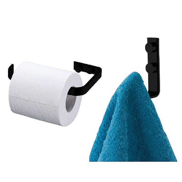 Kit Suporte Porta Papel Higiênico Parede + Cabide Suporte Toalha Multiuso Banheiro Preto Fosco - Future