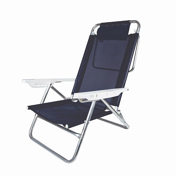Cadeira Reclinável 6 Posições Com Almofada Alumínio Praia Camping Piscina - Mor - Azul Marinho