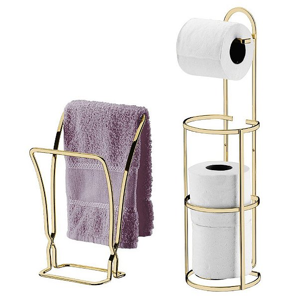 Kit Banheiro Dourado Porta Toalha Duplo + Porta Papel higiênico Triplo - Future