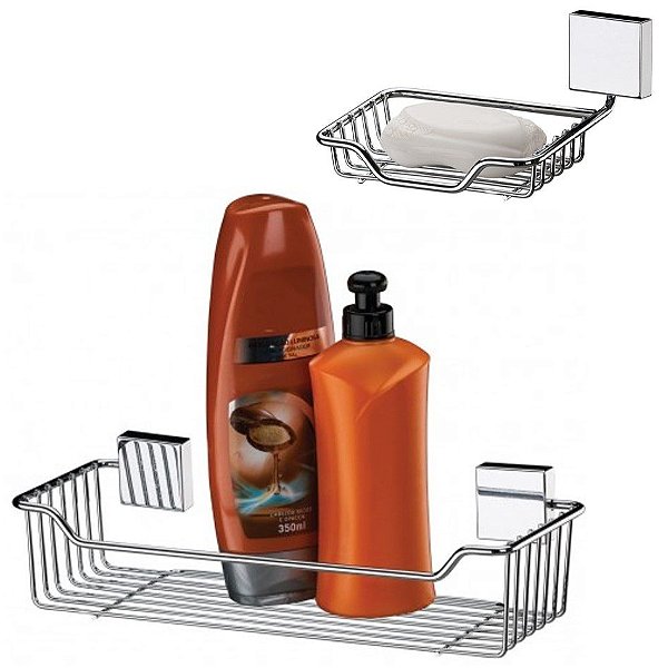 Kit Banheiro Aço Inox Suporte Shampoo + Porta Sabonete Parede - Future