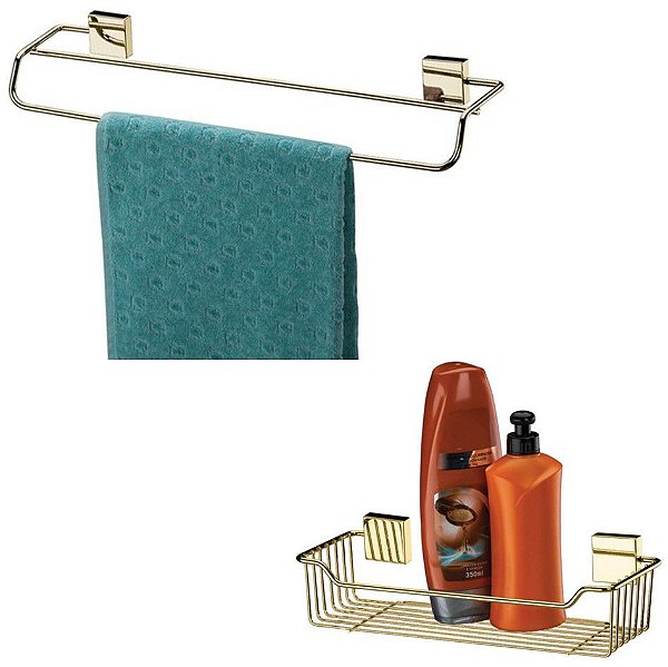 Kit Banheiro Dourado Toalheiro Duplo 45cm + Suporte Porta Shampoo Ouro - Future