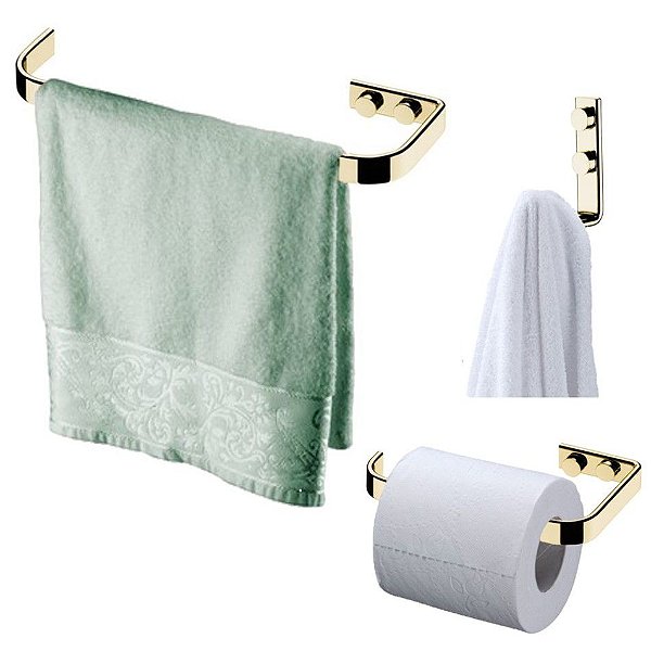 Kit Banheiro Dourado Porta toalha 22cm + Gancho + Suporte Porta Papel Higiênico - Future