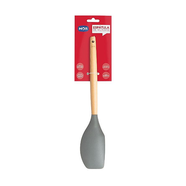 Espátula Talher Fechado Culinário Silicone 31cm Utensílio Cabo Madeira Cozinha - 8662 Mor - Cinza