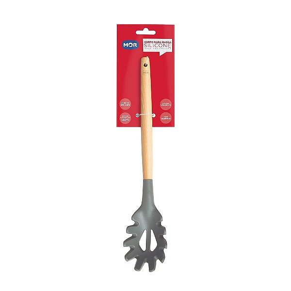 Garfo Talher Pegador Massa Culinário Silicone 31cm Utensílio Cabo Madeira Cozinha - 8659 Mor - Cinza