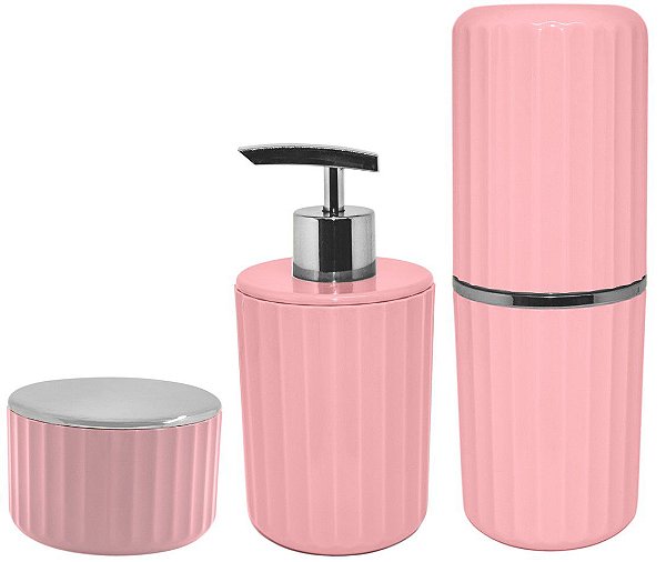 Kit Banheiro 3 Peças Porta Escova Algodão Cotonete Dispenser Sabonete Líquido Groove Cromado Rosa - Ou