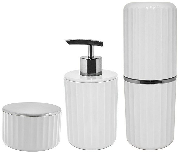 Kit Banheiro 3 Peças Porta Escova Algodão Cotonete Dispenser Sabonete Líquido Groove Cromado Branco - Ou
