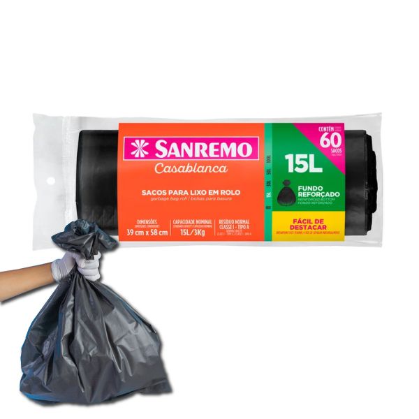 Sacos Para Lixo 60un Em Rolo 15 Litros Fundo Reforçado Cozinha Lixeira Banheiro - Sanremo