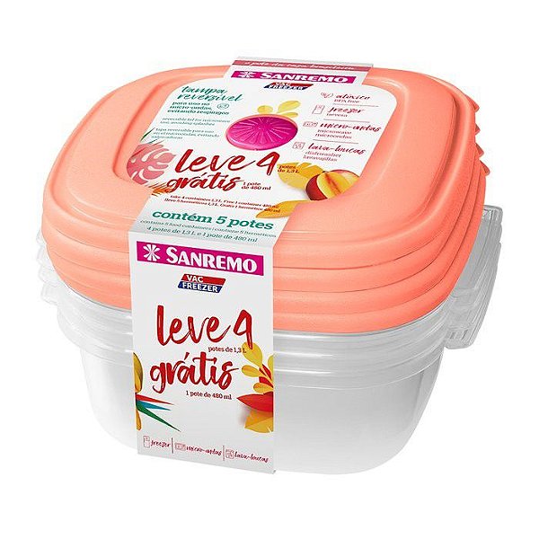 Conjunto Potes Plástico Pague 4 leve 5 Mantimentos Geladeira Cozinha - SR455 Sanremo - Rosa