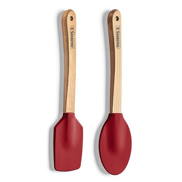 Jogo 2 Espátulas Silicone Bambu Confeitar Bolo Colher Utensílios Cozinha - SR1219 Sanremo - Vermelho