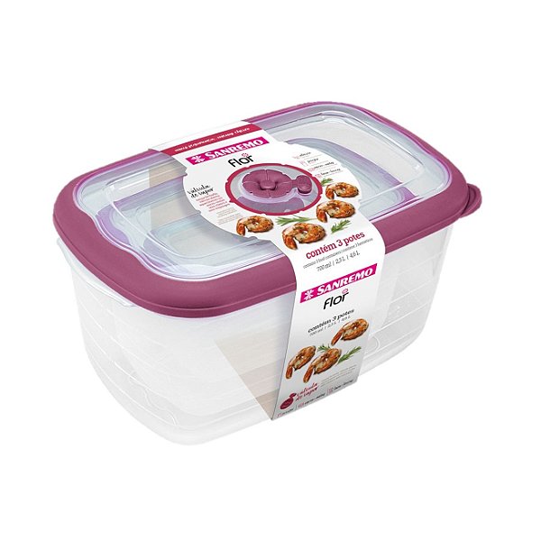 Conjunto 3 Potes Herméticos Porta Alimentos Geladeira Cozinha Flor - 723 Sanremo - Rosa