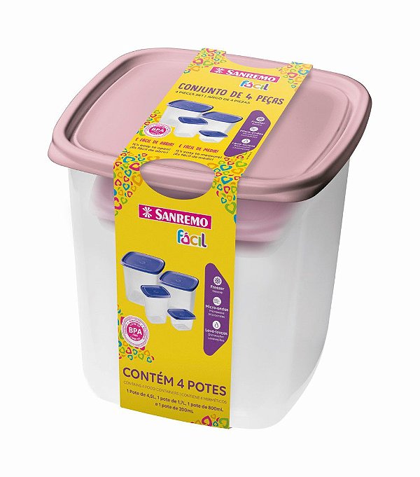 Conjunto 4 Potes Hermético Plástico Alimentos Mantimentos Cozinha - SR148/6C Sanremo - Rosa