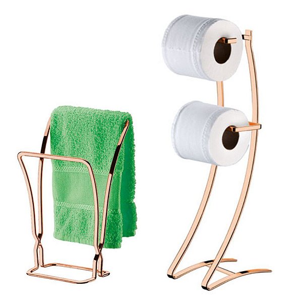 Kit Porta Papel Higiênico Duplo Chão + Porta Toalha De Rosto Duplo Rose Gold - Future