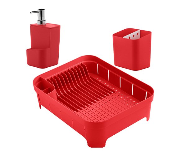 Kit Escorredor De Louças Talheres Copos Dispenser Porta Detergente Pia Cozinha Vermelho - Ou