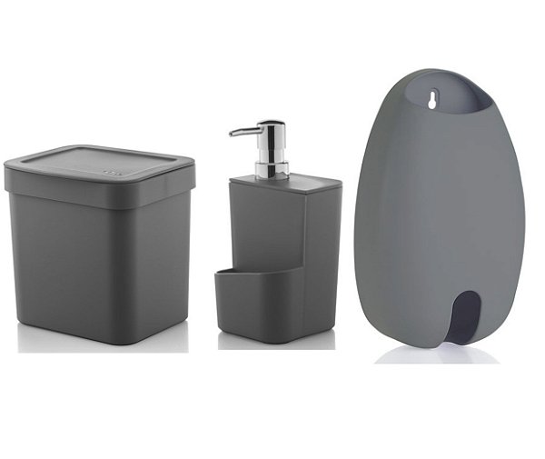 Kit Cozinha Lixeira 2,5 Litros Dispenser Porta Detergente Dispenser Sacolas - Ou - Chumbo