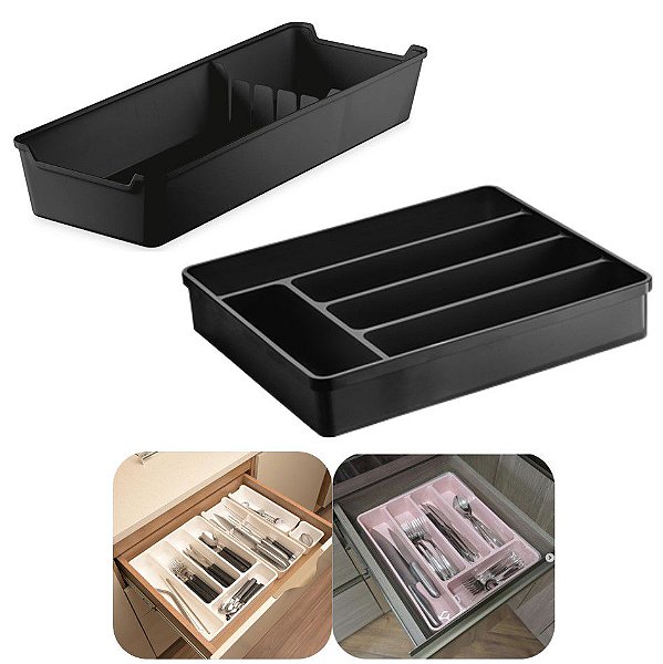 Kit 2 Organizador De Gaveta Divisor Porta Talheres Utensílios Separador Facas - Uz - Preto