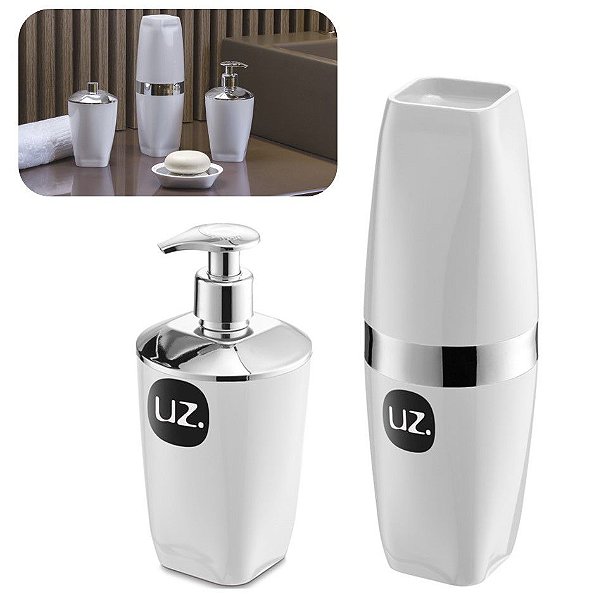 Kit 2 Peças Banheiro Suporte Porta Escova + Dispenser Sabonete Cromado - Uz - Branco