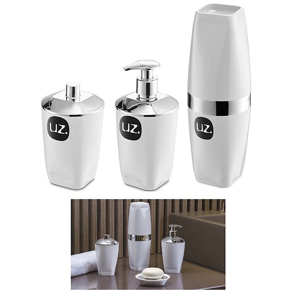 Kit 3pç Banheiro Suporte Escova Dispenser Sabonete Porta Algodão Cromado - Uz - Branco