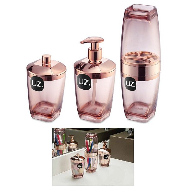 Kit 3pç Banheiro Suporte Escova Dispenser Sabonete Porta Algodão Rose Gold - Uz - Rose Gold