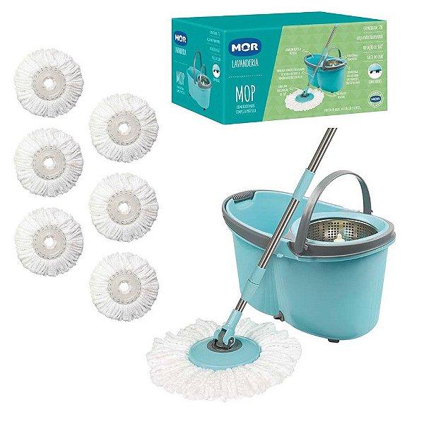 Kit Balde Esfregão Mop Com Rodinhas Centrífuga Inox + 6 Refil Avulso - Mor