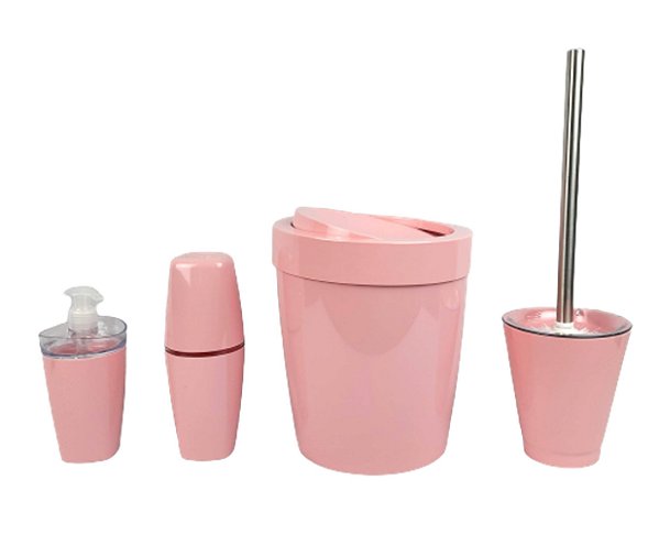 Kit Banheiro Lixeira Basculante 5L Suporte Escova Sanitária Porta Escovas Dispenser Sabonete Rosa - Ou