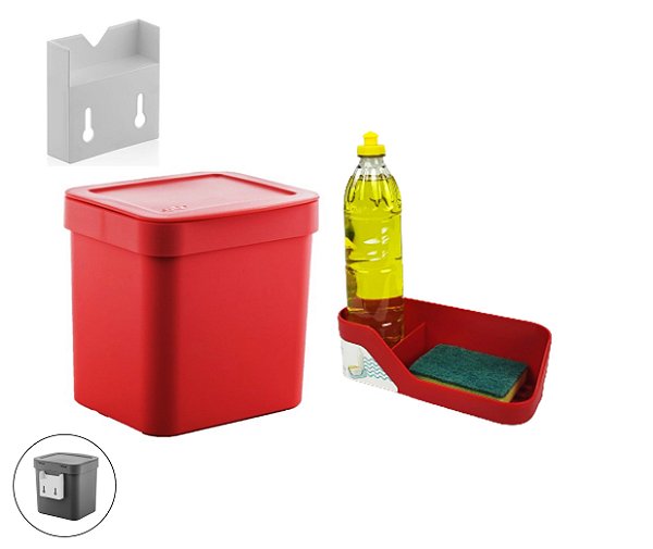 Kit Cozinha Suporte Lixeira 2,5L Organizador De Pia Porta Detergente Vermelho - Ou